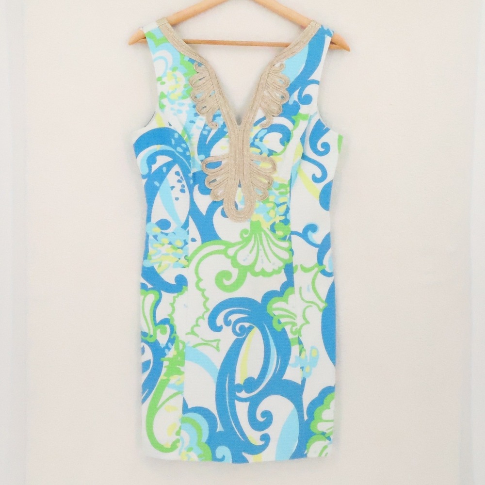 Lilly Pulitzer Janice Shift Dress White Crystal Coast Size 4 Blue Green Retired